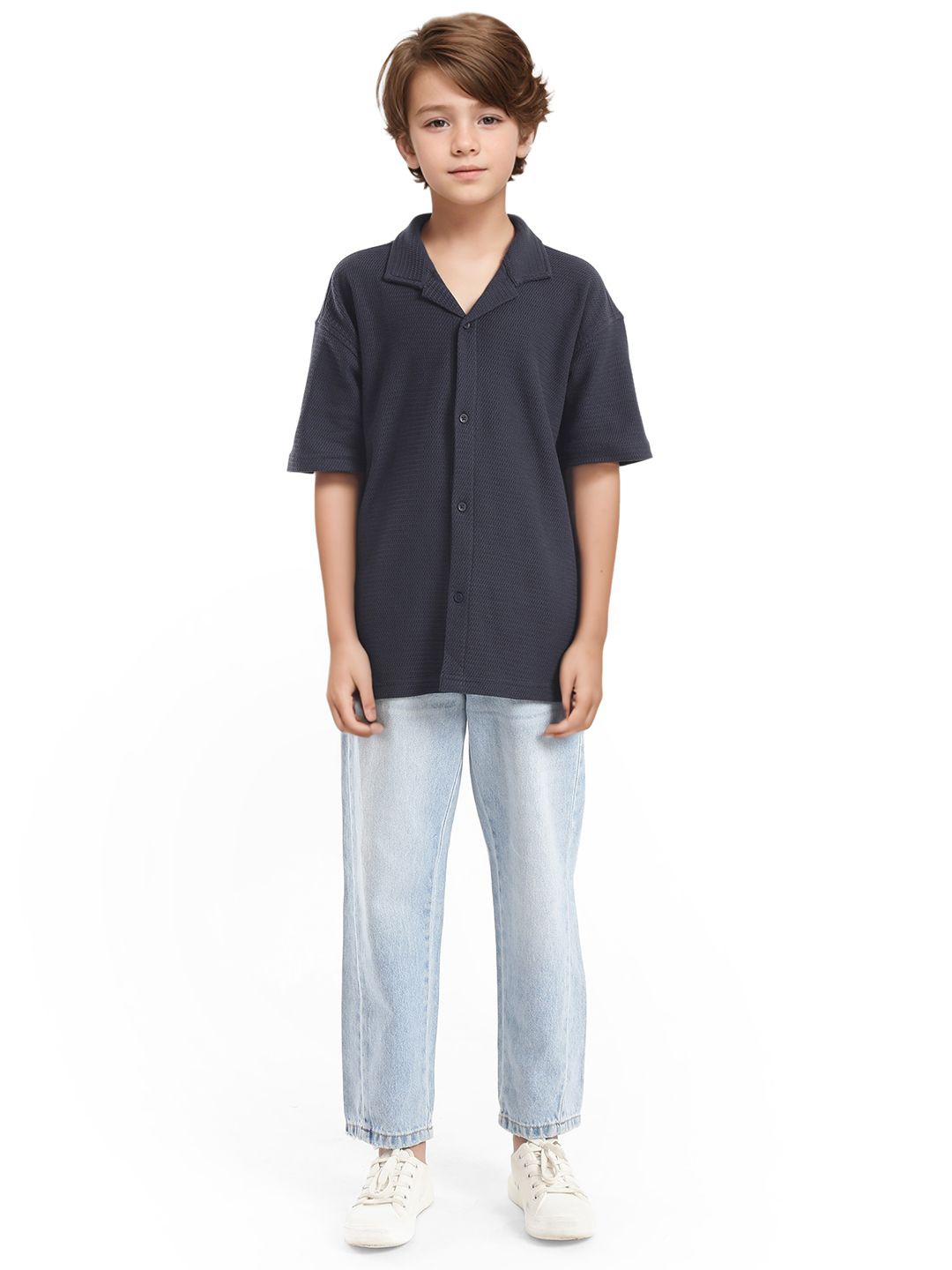 

Rare Ones Boys Cuban Collar Jacquard Shirt, Navy blue