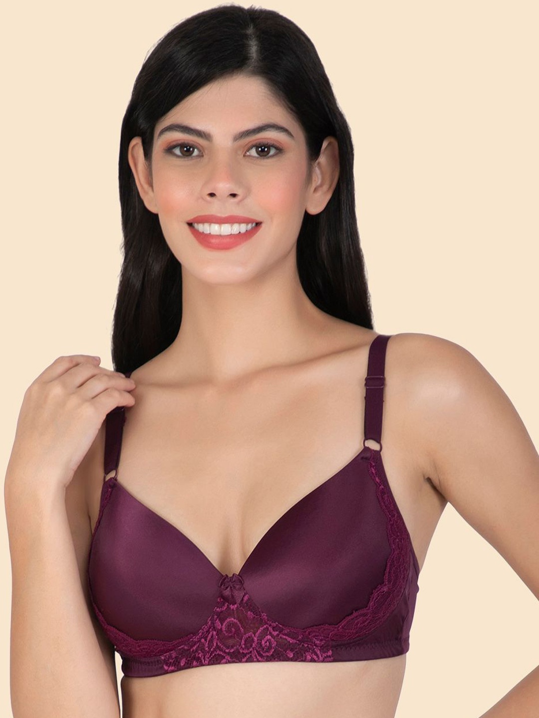 

Joomie Women's Lightly Padded Bridal Lace Bra Floral Nylon Lace, Full Coverage, Pack of 1, Burgundy