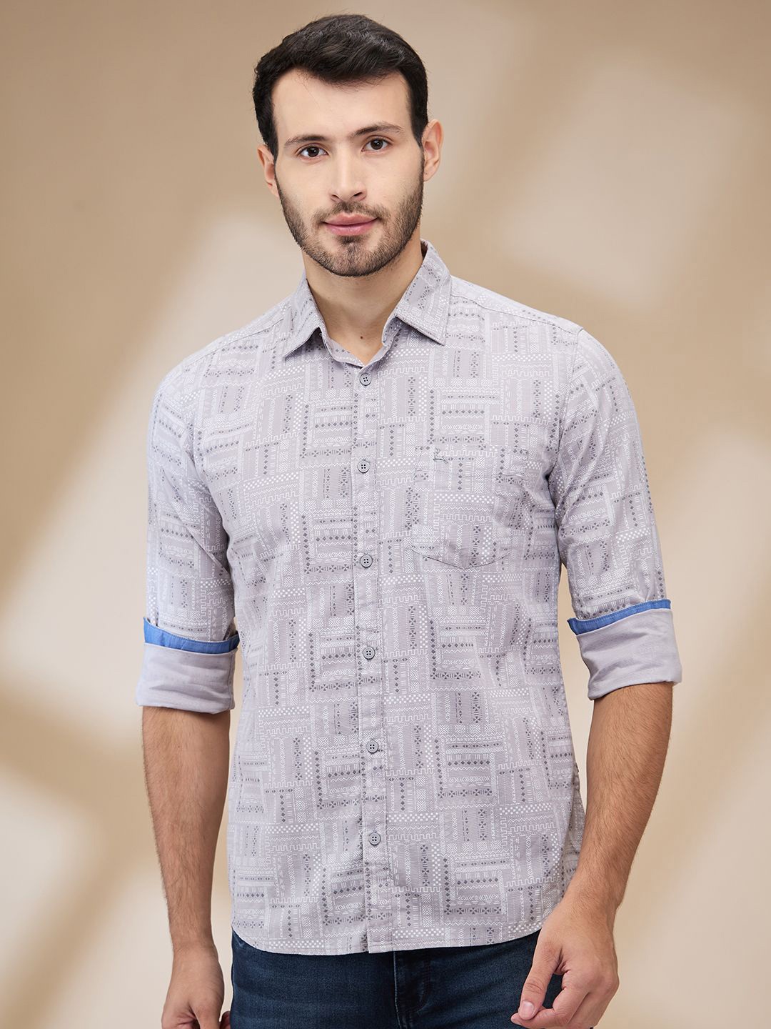 

Parx Men Spread Collar Geometric Printed Cotton Slim Fit Casual Shirt, Grey
