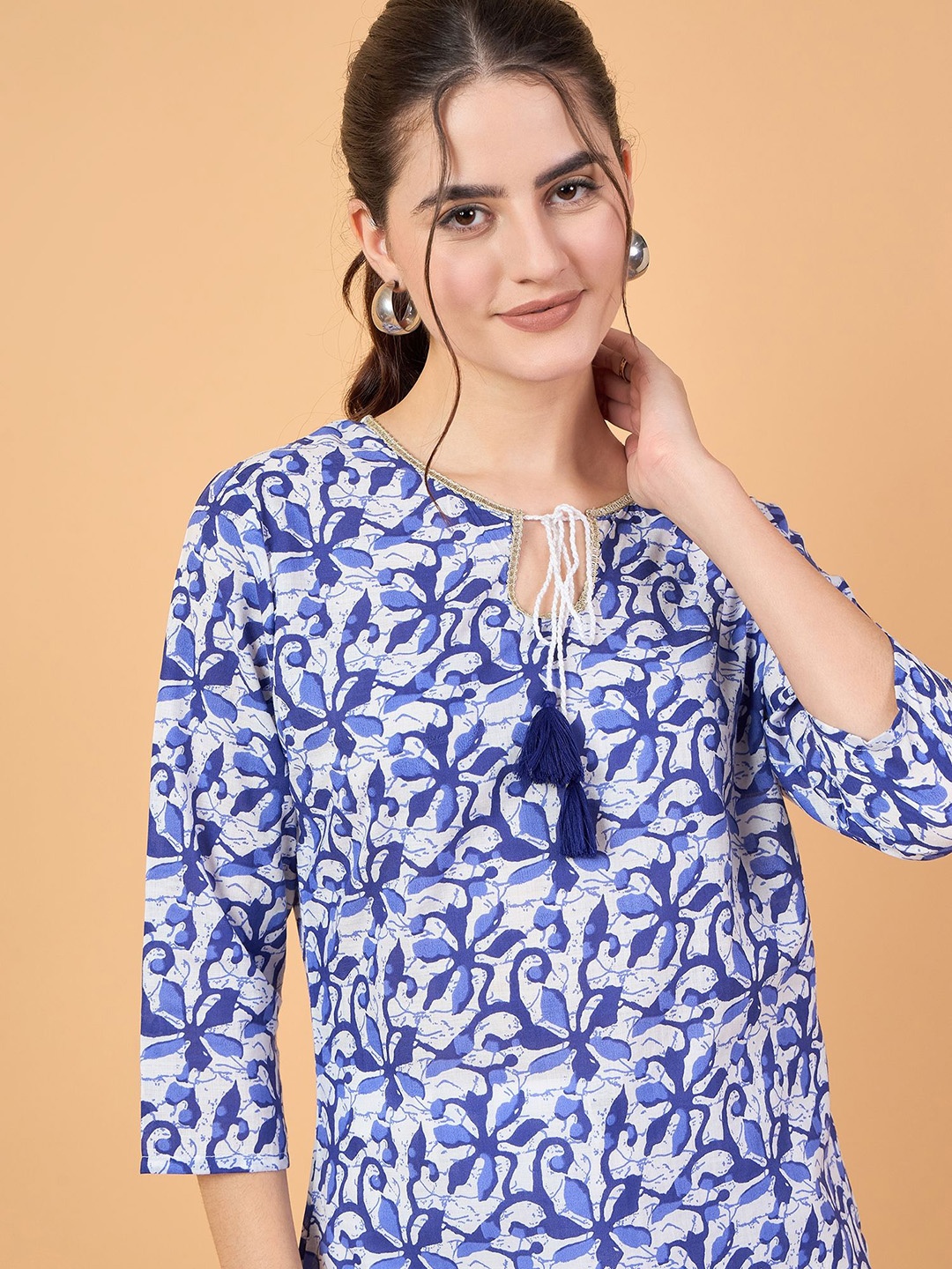 

NEESH Floral Printed Tie-Up Neck Cotton Top, Blue