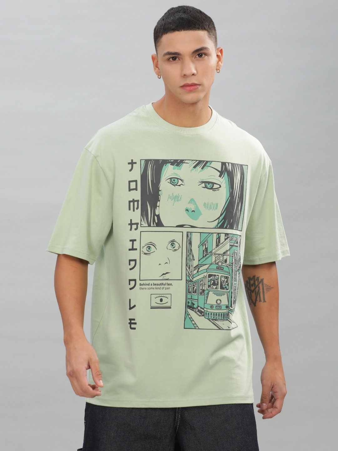 

TOMHIDDLE Men Graphic Printed Round Neck Cotton Oversized T-shirt, Sea green