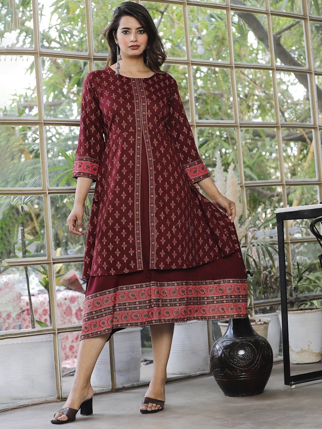 

MF Hayat Women Printed A-Line Midi Ethnic Dresses, Maroon
