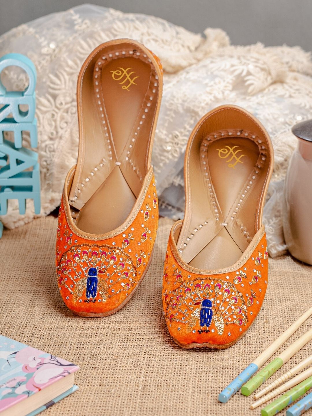 

House of Pataudi Women Hand Emboidered Leather Round Toe Flats, Orange