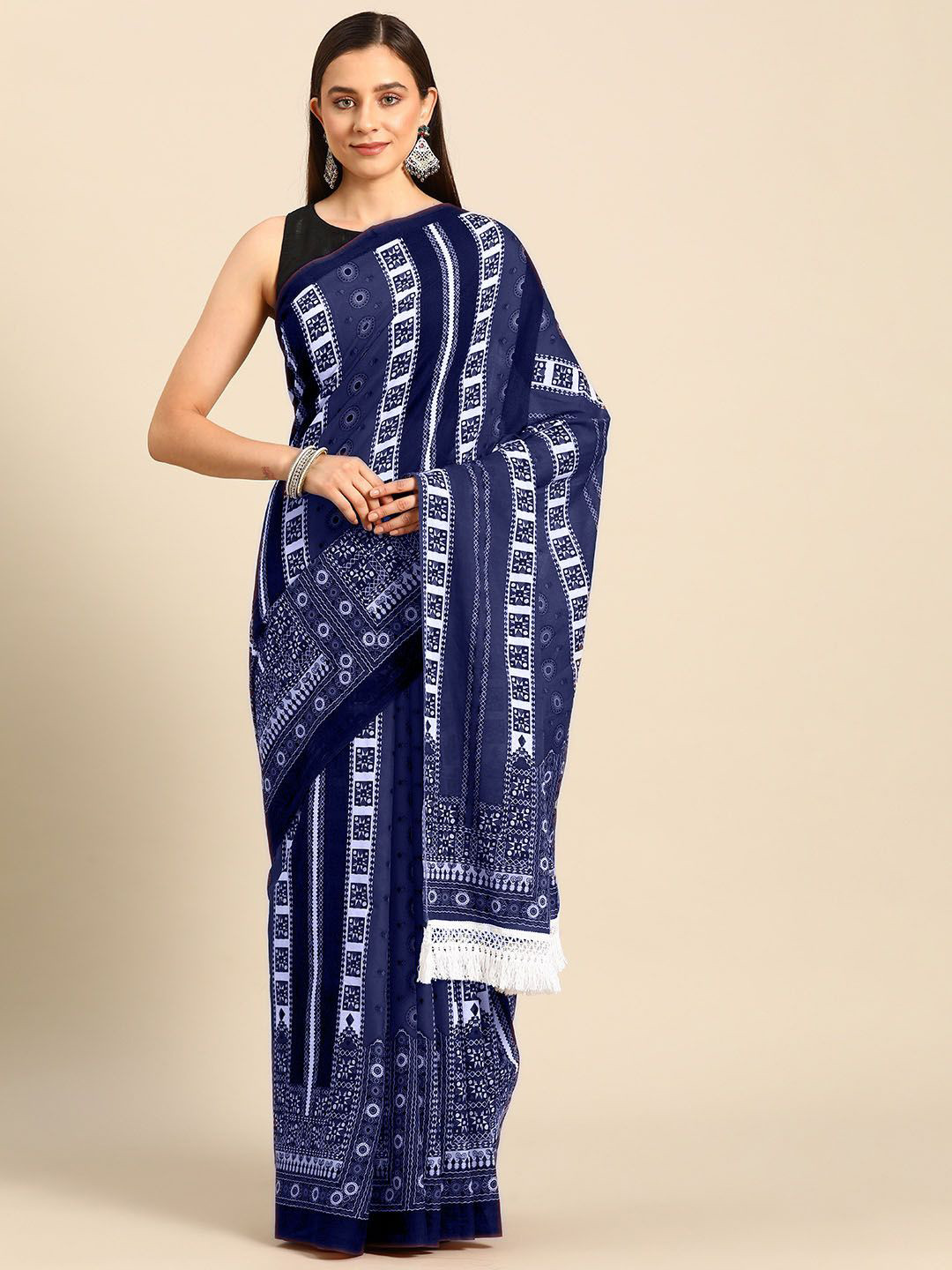 

BUTA BUTI Geometric Printed Pure Cotton Saree, Navy blue