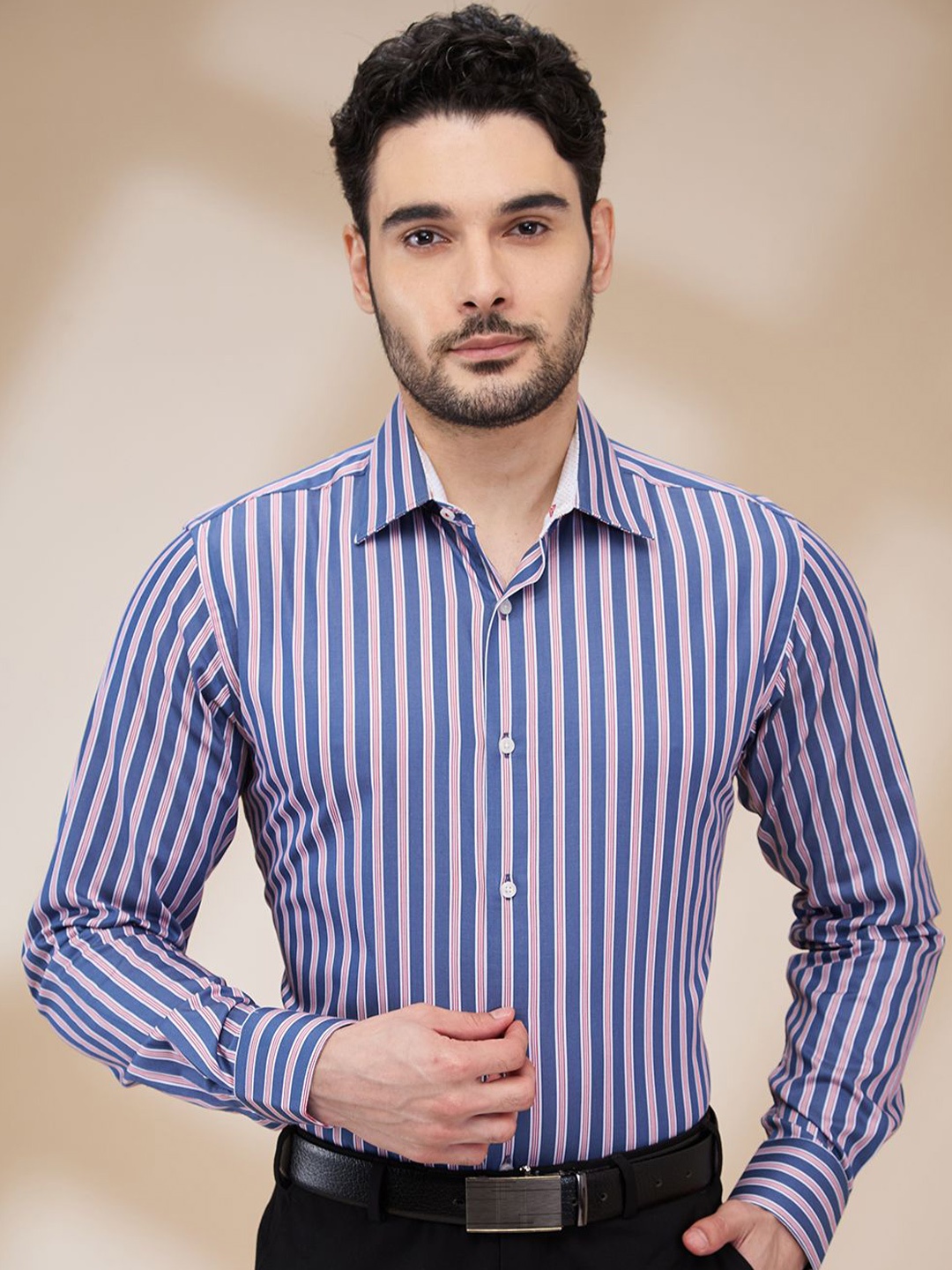 

Raymond Men Spread Collar Vertical Striped Cotton Slim Fit Formal Shirt, Blue