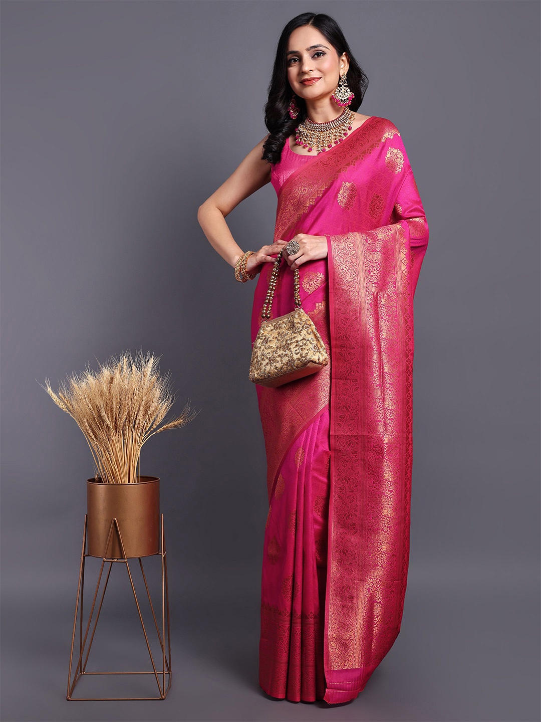 

SWAMI STUDIO Zari Pure Cotton Kanjeevaram Saree, Pink