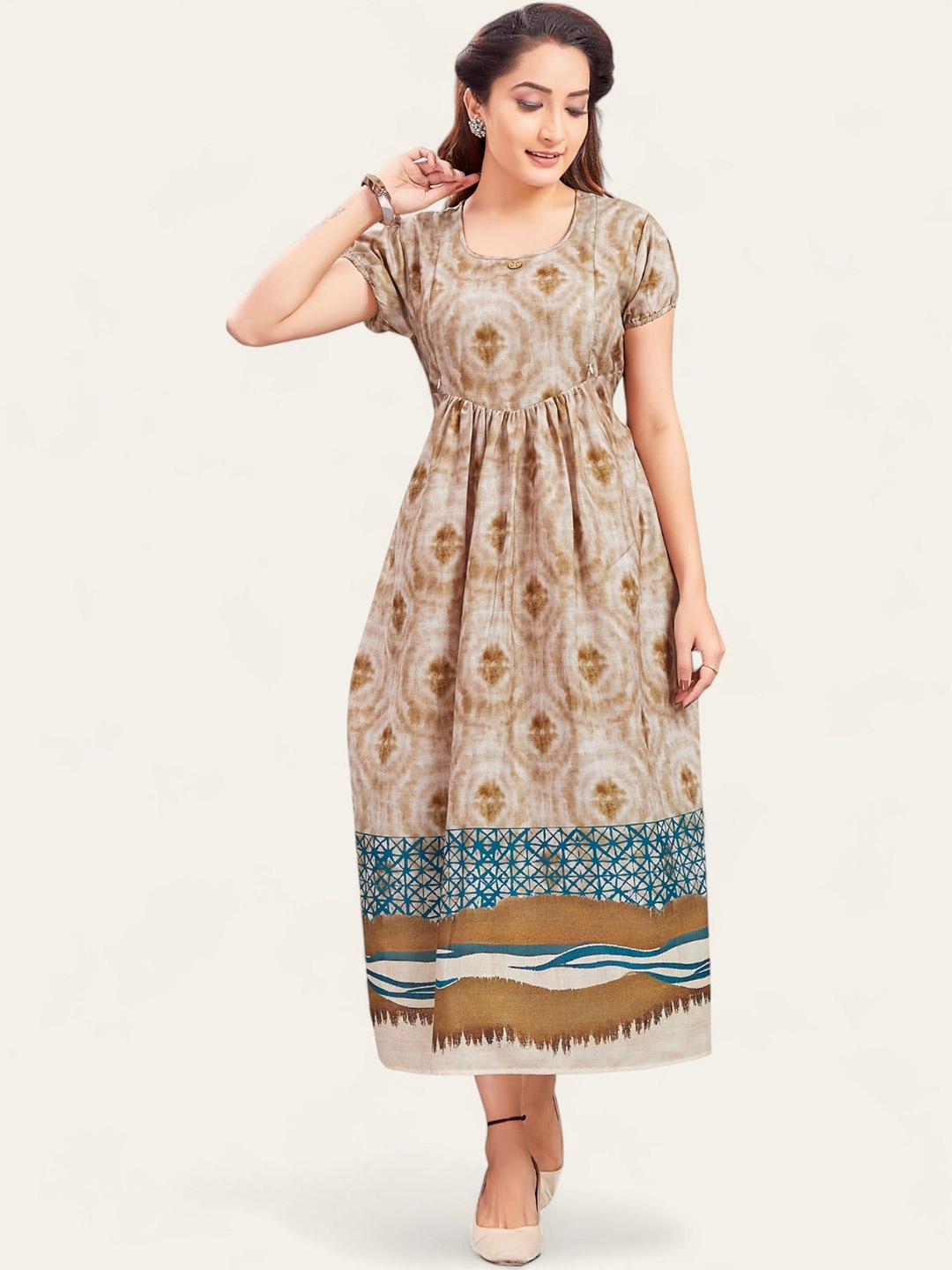 

RITIJYA Floral Print Maternity Fit & Flare Maxi Dress, Beige