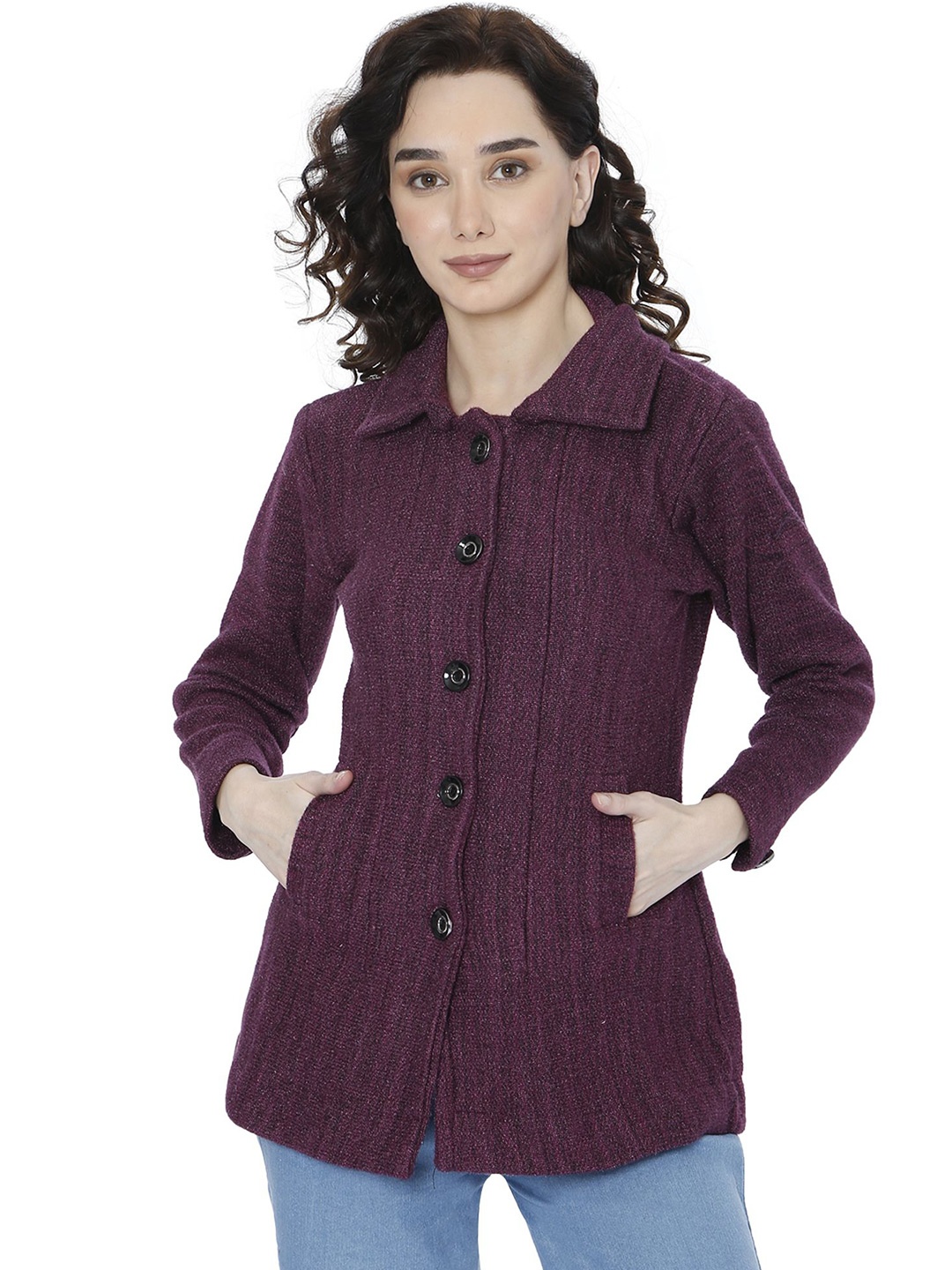 

HAUTEMODA Women Lapel Collar Woollen Cardigan, Purple