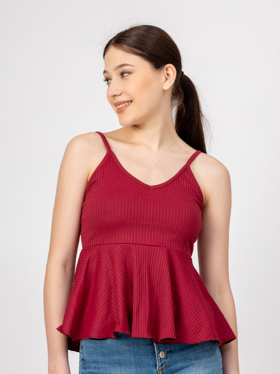 

Redamancii Women Vertical Striped Shoulder Straps Polycotton Top, Maroon