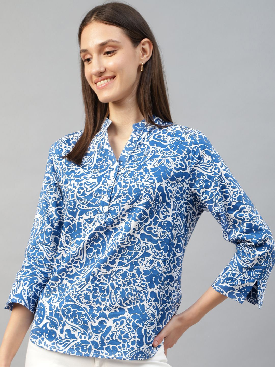 

Hancock Women Ethnic Motifs Printed Mandarin Collar Pure Cotton Shirt Style Top, Blue