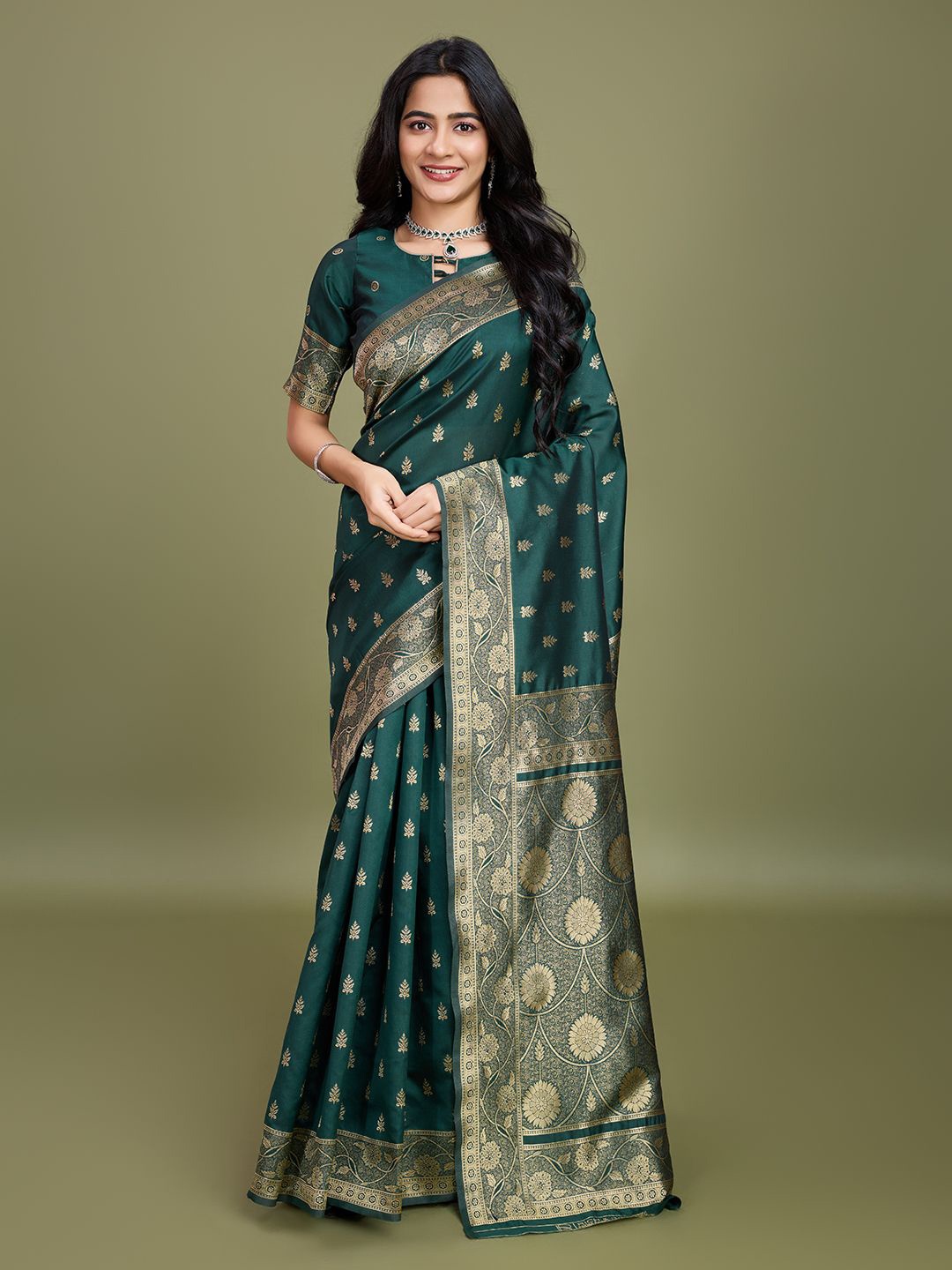 

RICH & ROMAN Woven Design Zari Pure Silk Banarasi Saree, Green