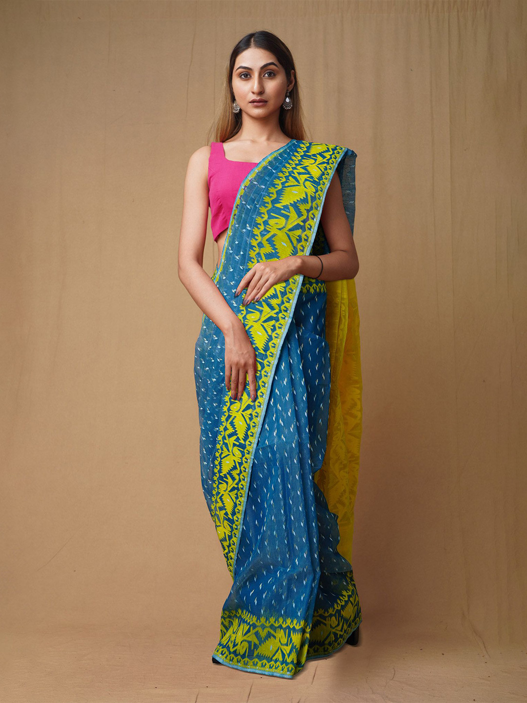 

Unnati Silks Woven Design Pure Cotton Handloom Jamdani Saree, Blue