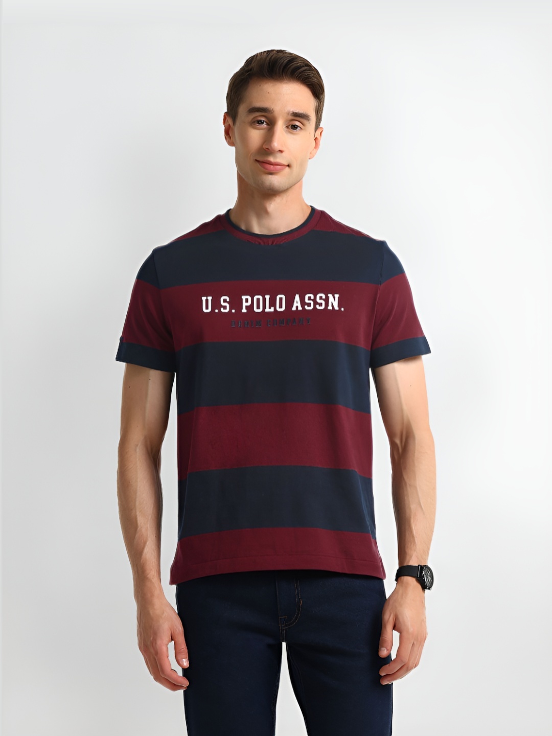 

U.S. Polo Assn. Denim Co. Men Striped Round Neck Cotton Slim Fit T-shirt, Maroon