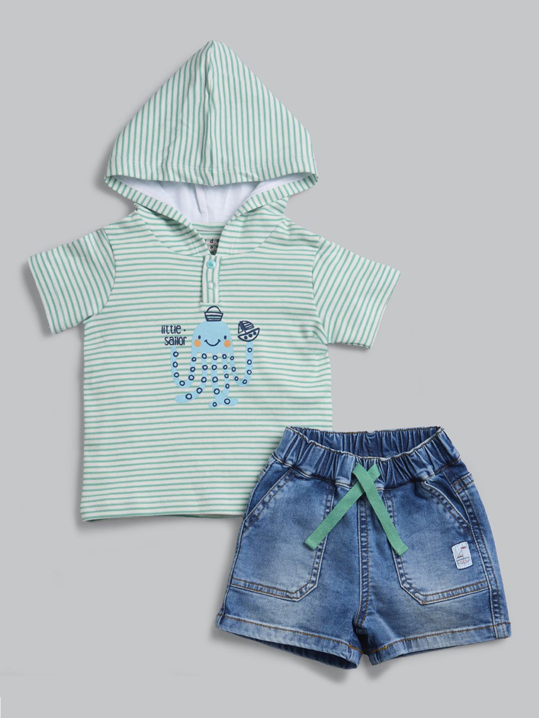 

Ed-a-Mamma Baby Boys Striped Hooded Short Sleeves Pure Cotton T-shirt With Shorts, Green