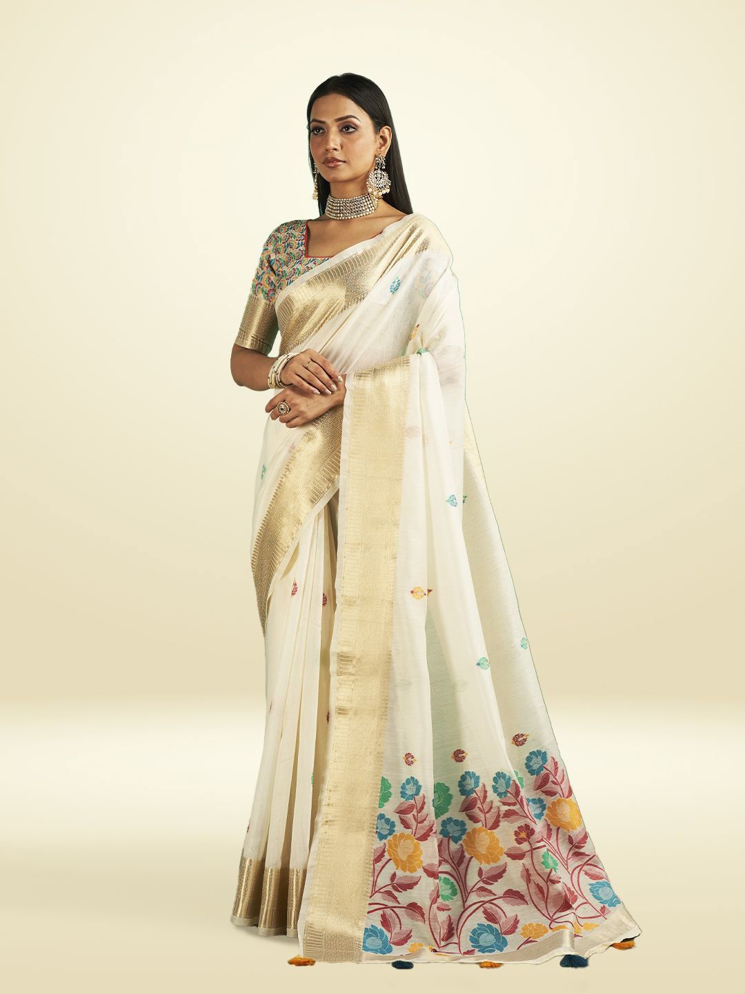 

SARHA Floral Woven Design Zari Pure Cotton Saree, Beige