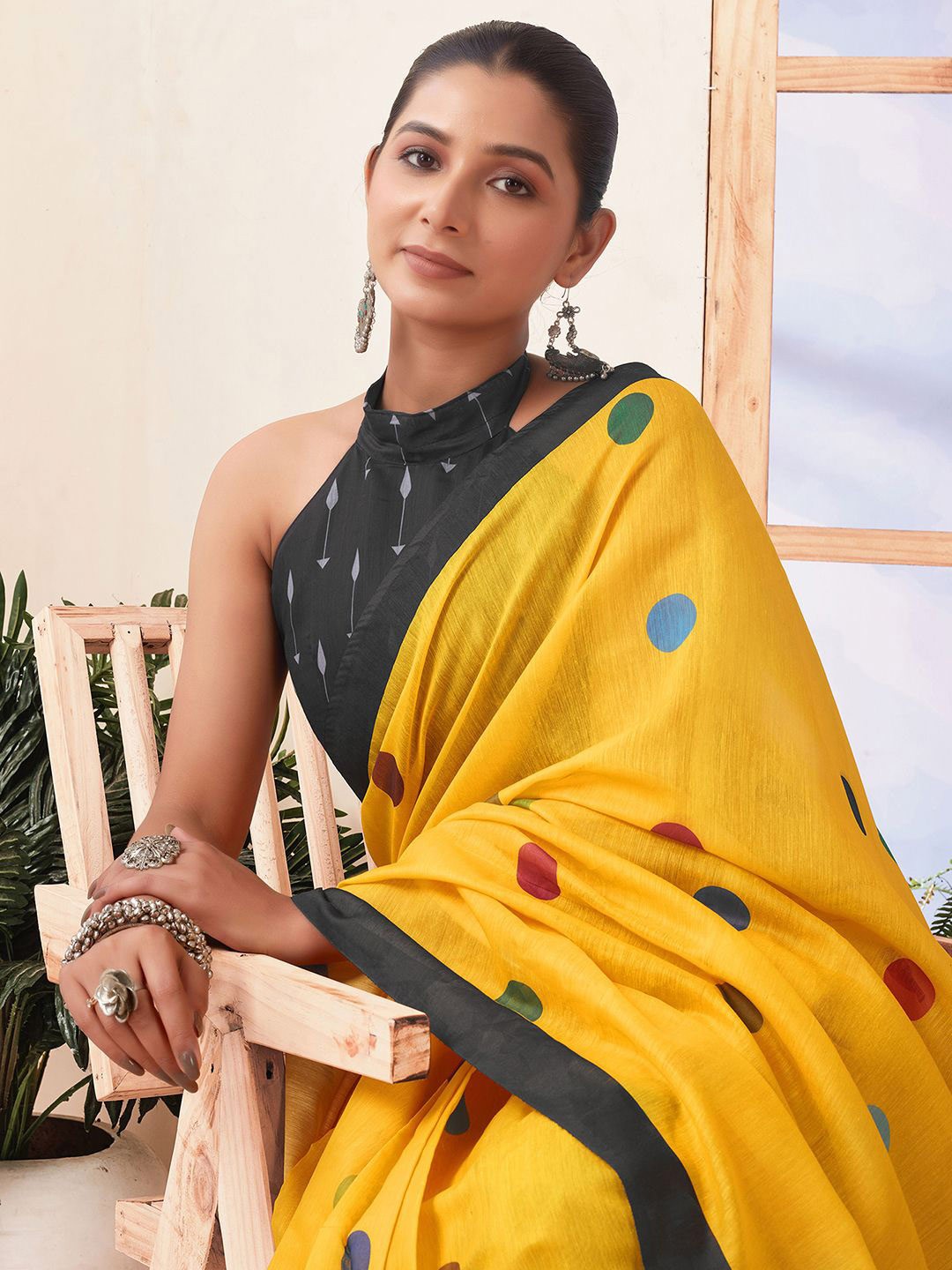 

Mitera Polka Dot Pure Cotton Ready to Wear Ikat Saree, Yellow