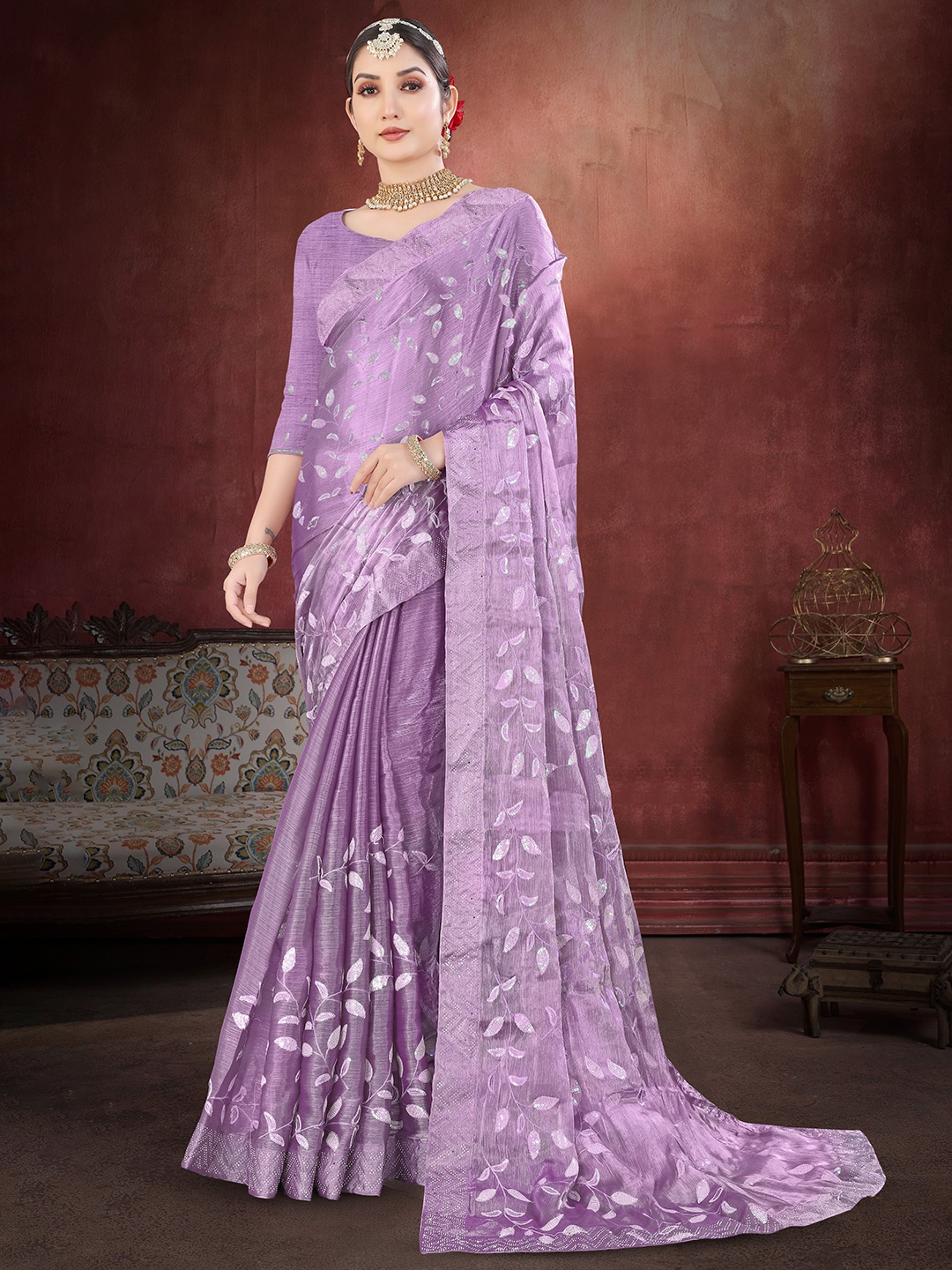 

Sitanjali Embellished Sequinned Net Maheshwari Saree, Purple