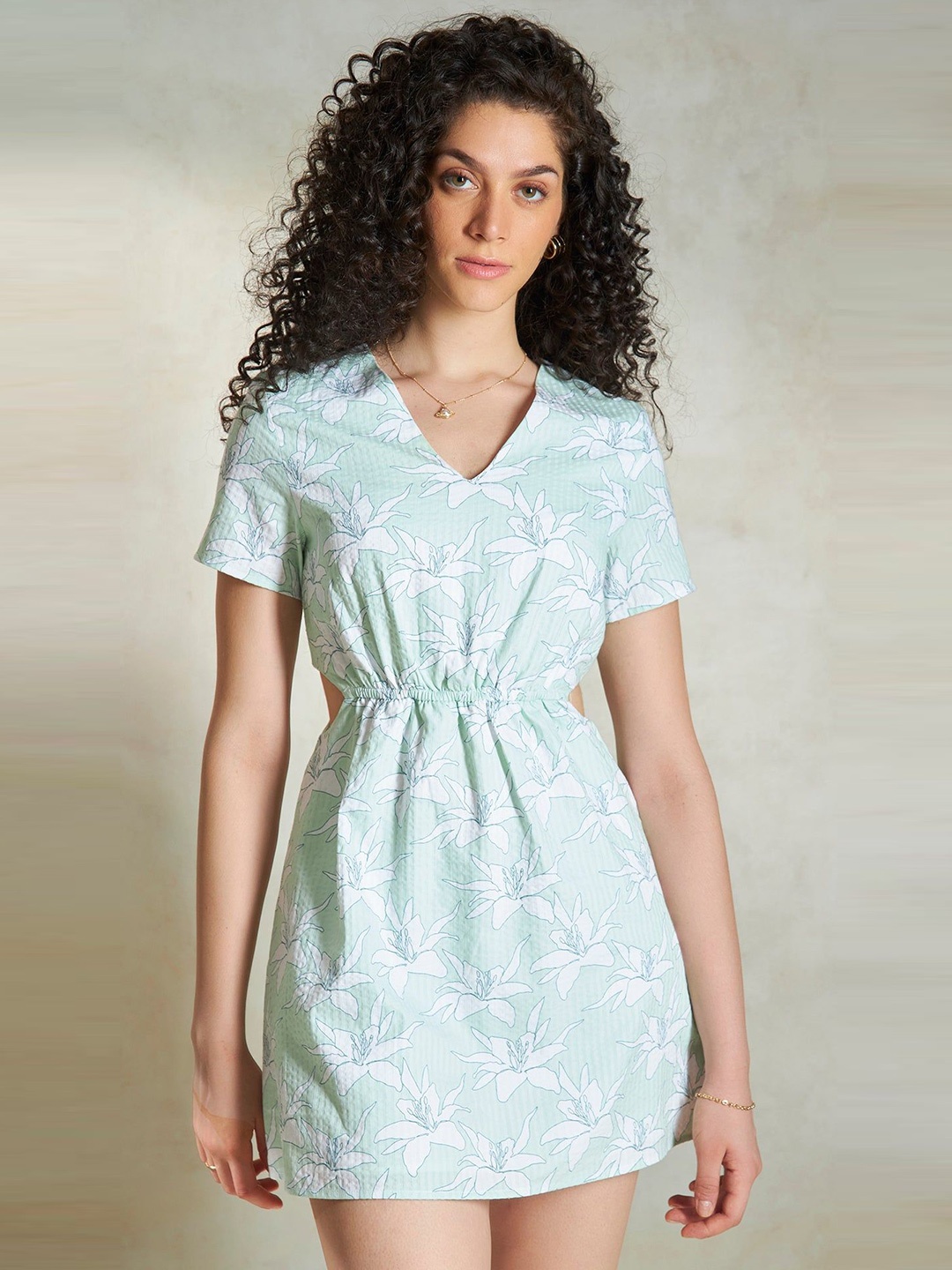 

Virgio Women Floral V-Neck Regular Sleeve Cotton Mini Length Dress, Green