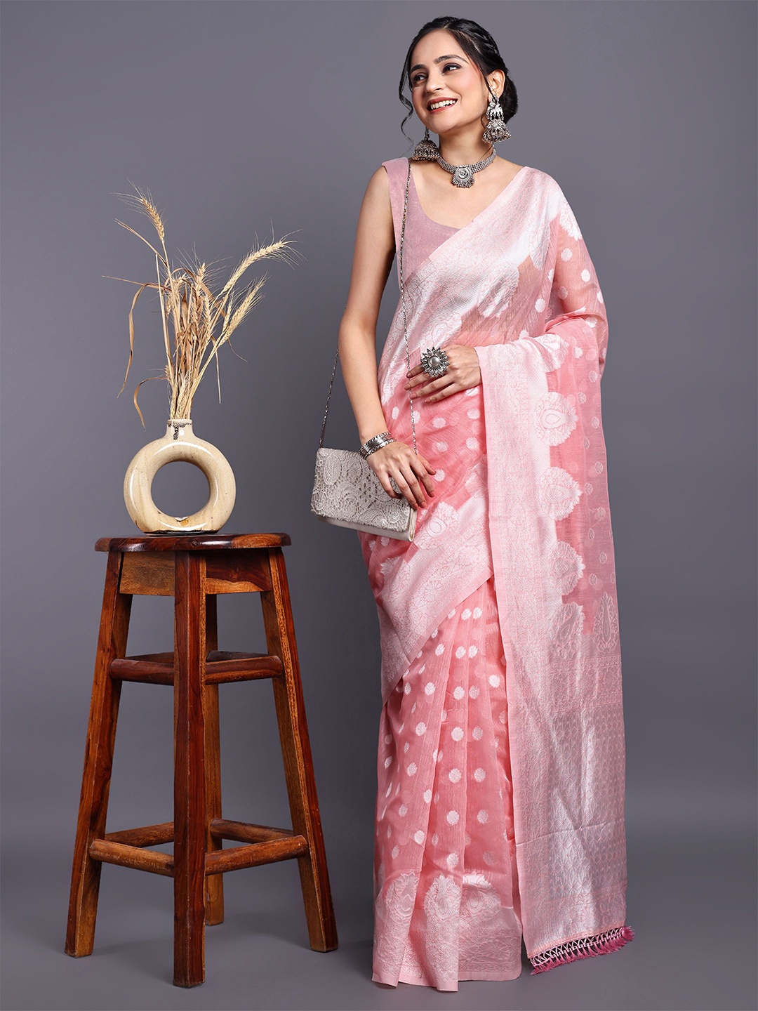

SWAMI STUDIO Floral Zari Pure Cotton Kanjeevaram Saree, Pink