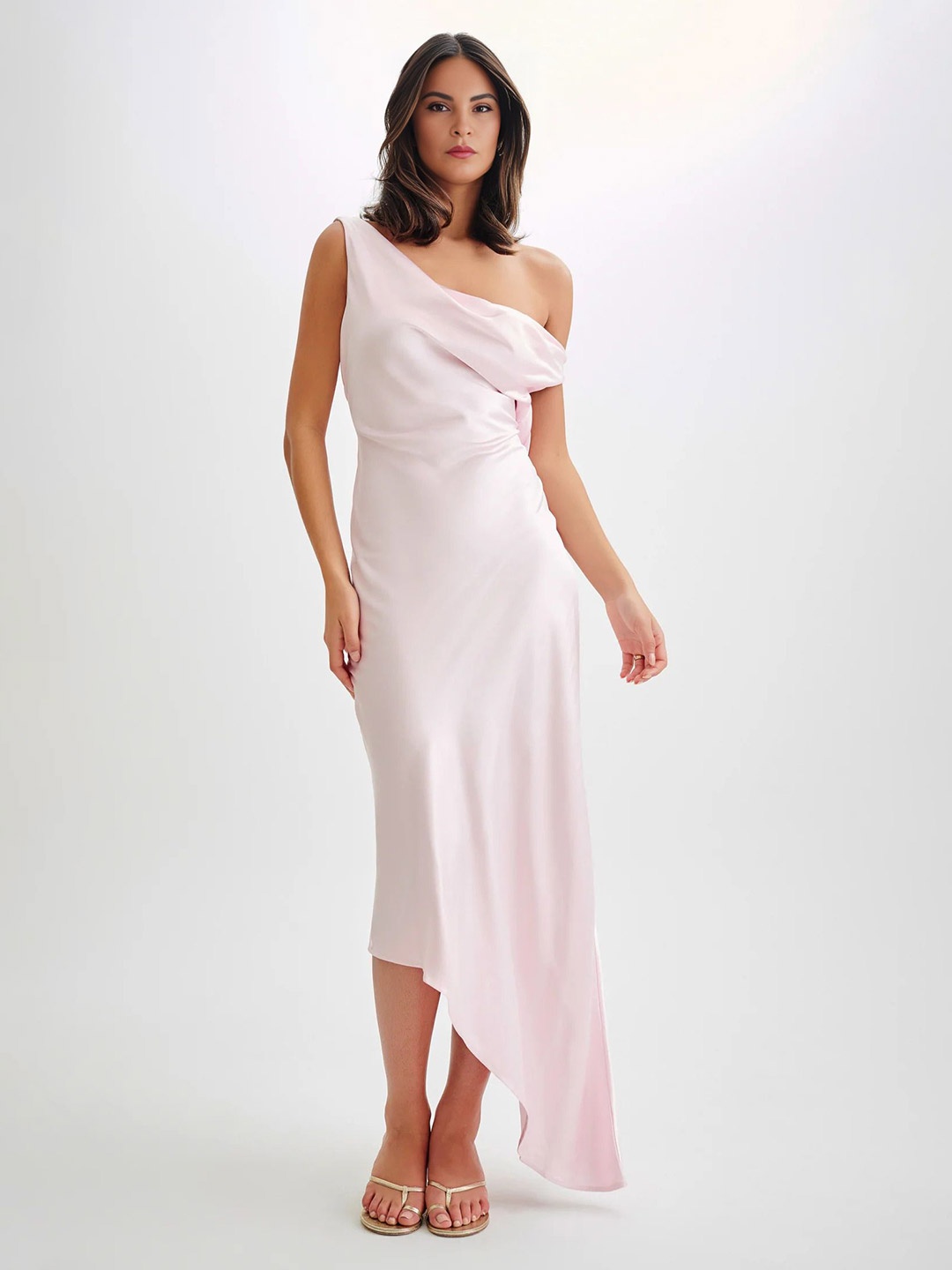 

Bee Boe Women Off-Shoulder Satin Asymmetrical Maxi Dress, Pink