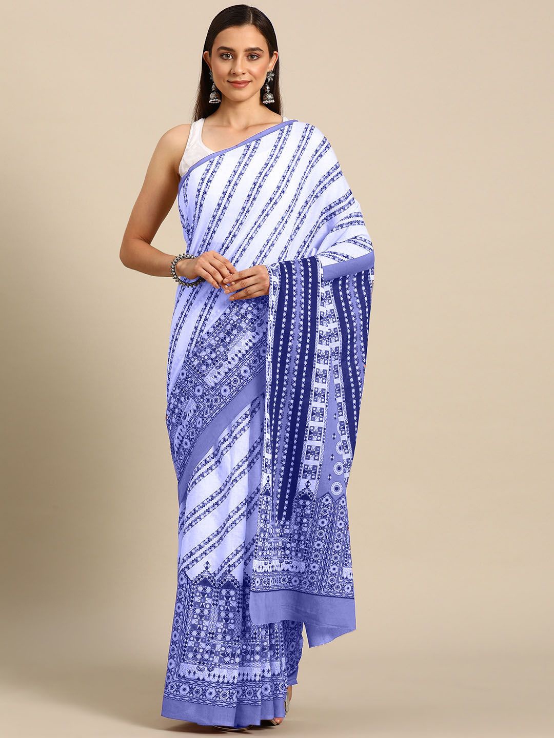 

BUTA BUTI Striped Printed Pure Cotton Saree, Blue