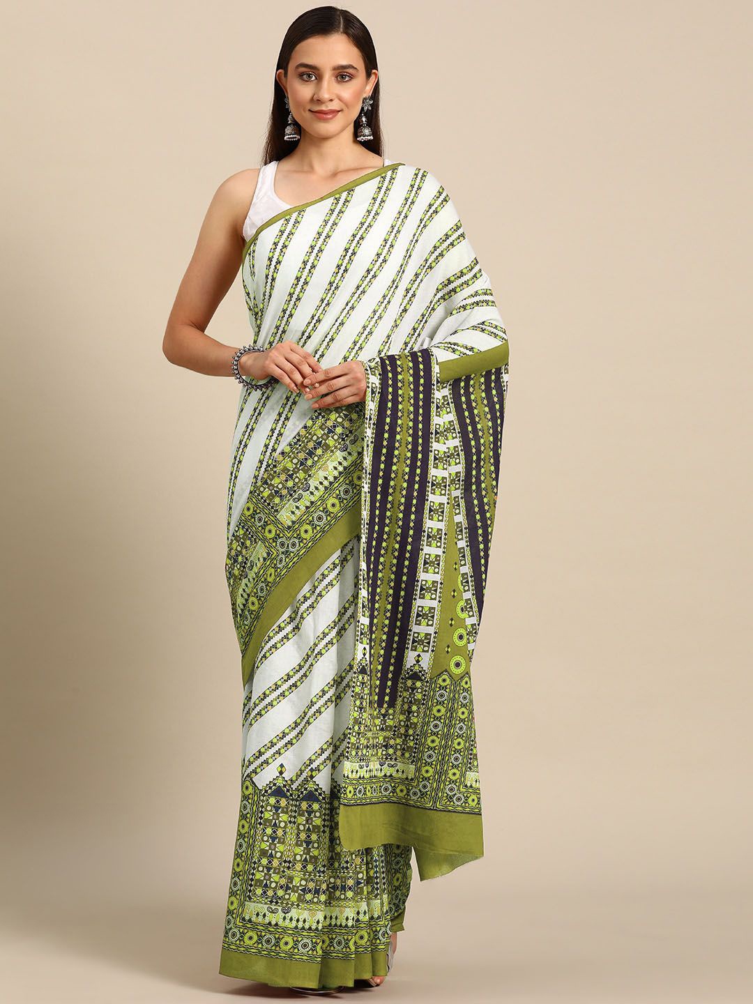 

BUTA BUTI Floral Pure Cotton Saree, Olive