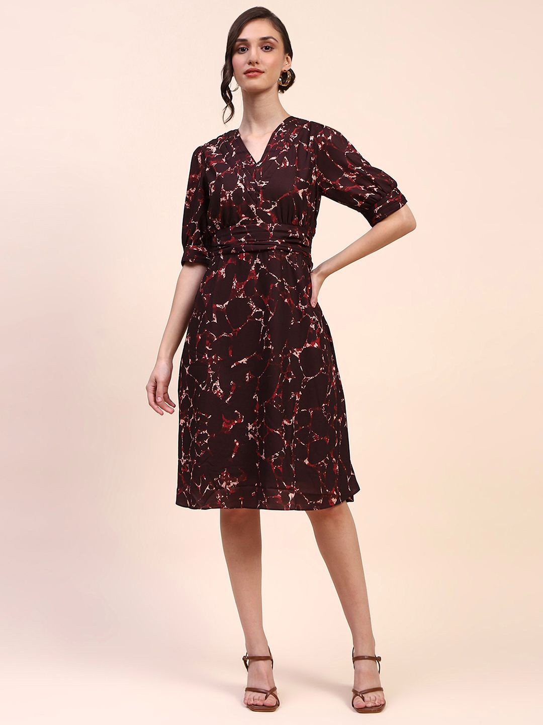 

CAMLA Women Abstract Printed A-Line Dress, Brown