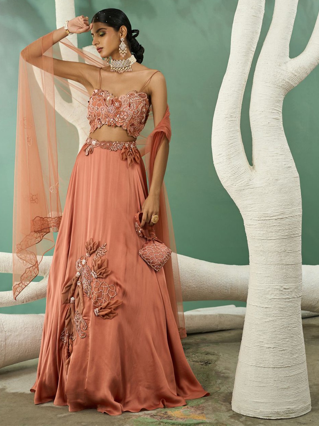 

ONE KNOT ONE Embellished Beads and Stones Ready to Wear Lehenga & Blouse With Dupatta, Peach