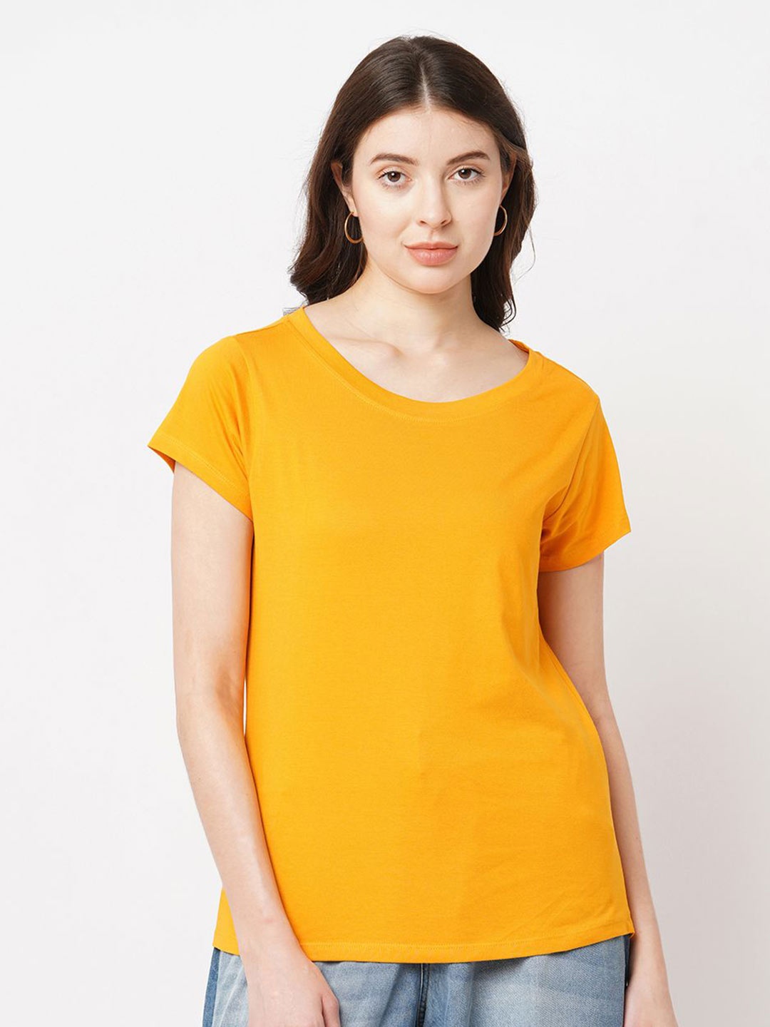 

The Roadster Lifestyle Co. Women Solid Round Neck Cotton T-shirt, Yellow