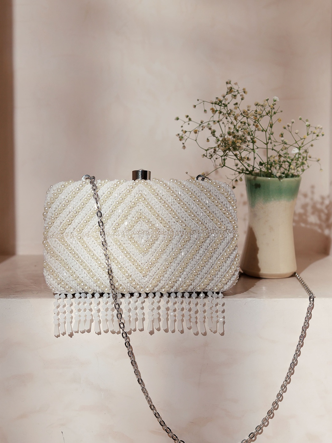 

THE TAN CLAN Embroidered Tasselled Box Clutch, White