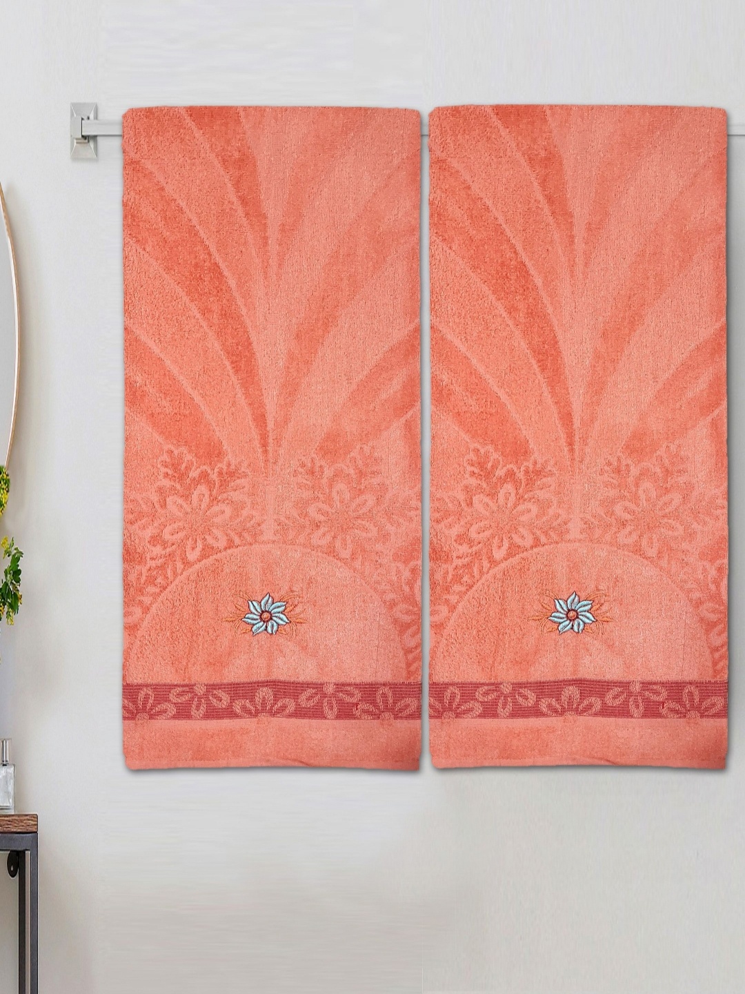 

ANA Orange-coloured & Blue 2 Pieces Floral Embroidered 350 GSM Cotton Bath Towel