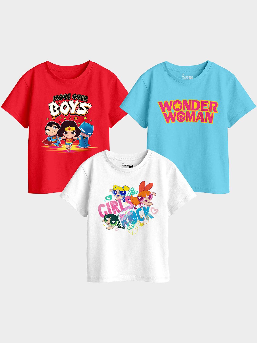 

BonOrganik Girls Pack Of 3 Graphic Printed Round Neck Cotton T-shirts, Red