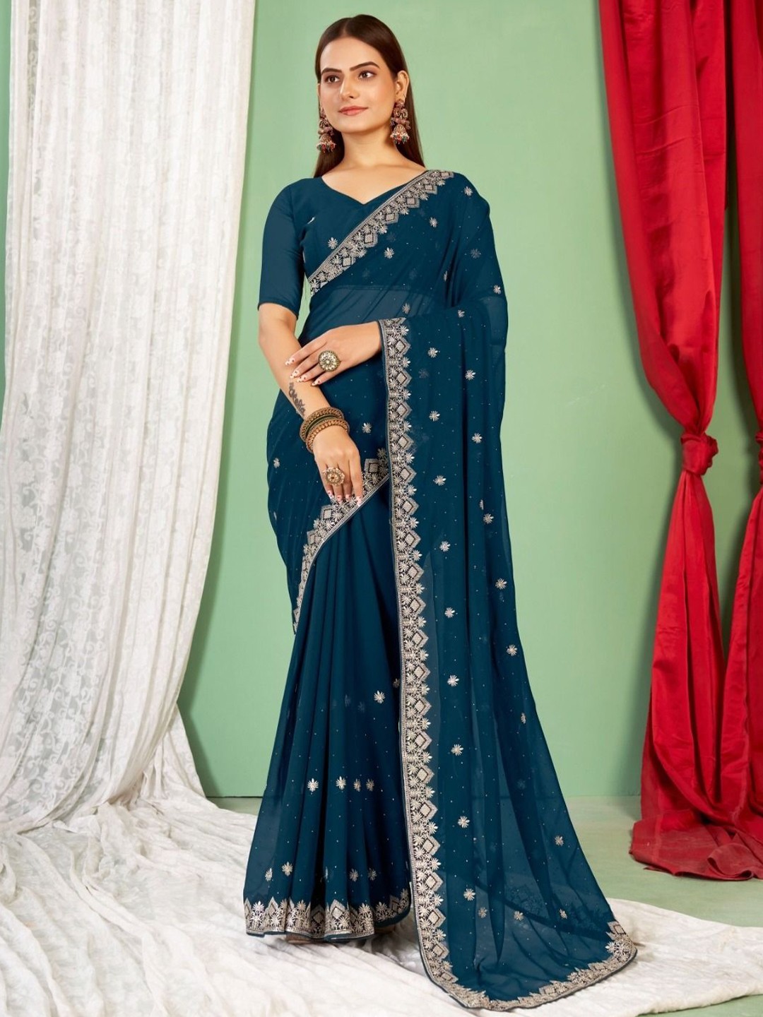 

Kalista Floral Embroidered Pure Georgette Saree, Teal