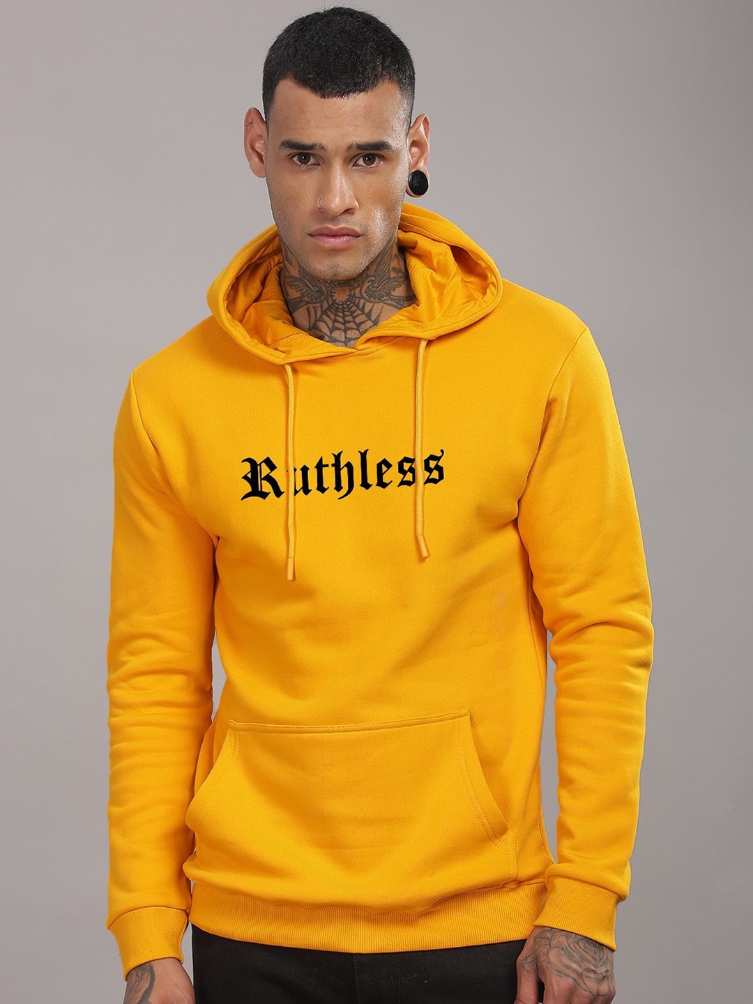 

ADRO Men Graphic Printed Hood Cotton Pullover Sweatshirt, Mustard