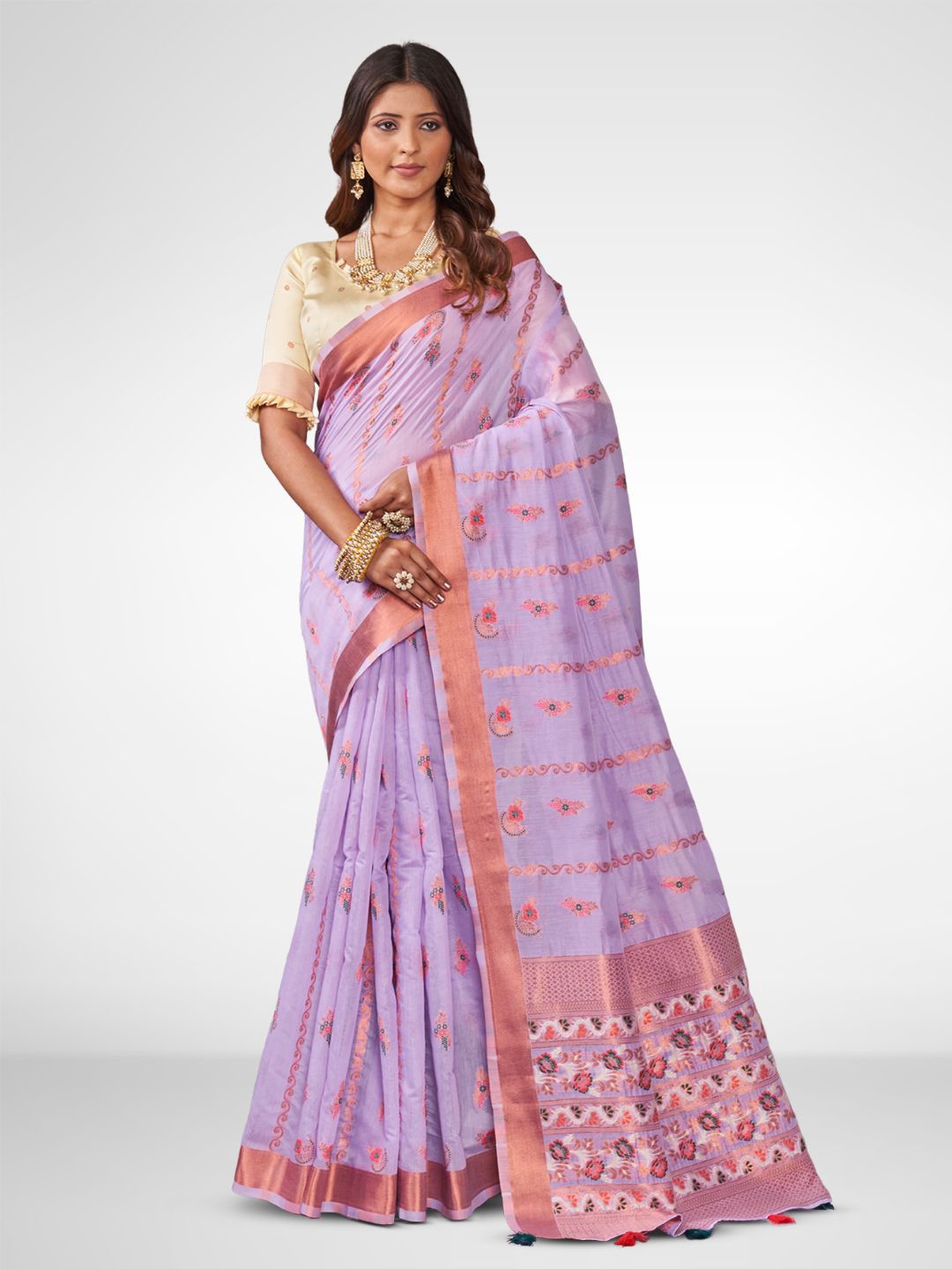 

SARHA Floral Zari Pure Cotton Lilac Colour, Floral Pattern Saree, Purple