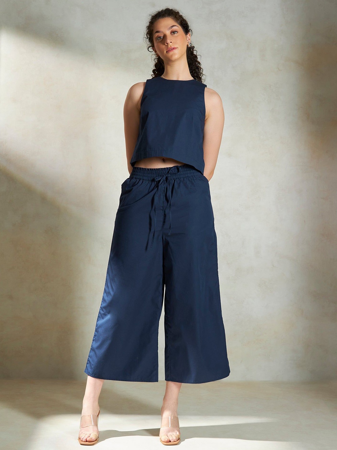 

Virgio Round Neck Pure Cotton Crop Top With Trousers, Navy blue