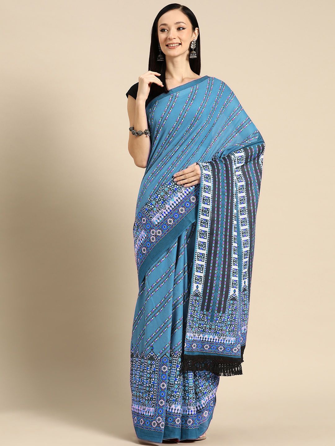 

BUTA BUTI Geometric Printed Pure Cotton Saree, Blue
