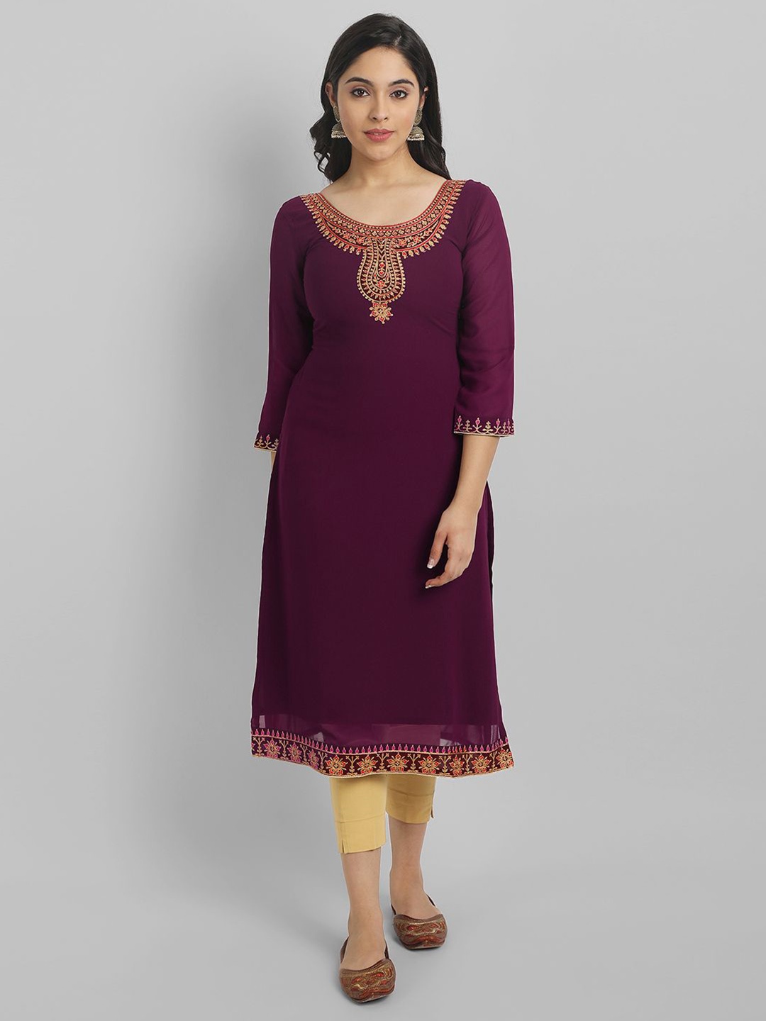 

Vastani Enterprise Women Yoke Embroidered Straight Kurtas, Burgundy