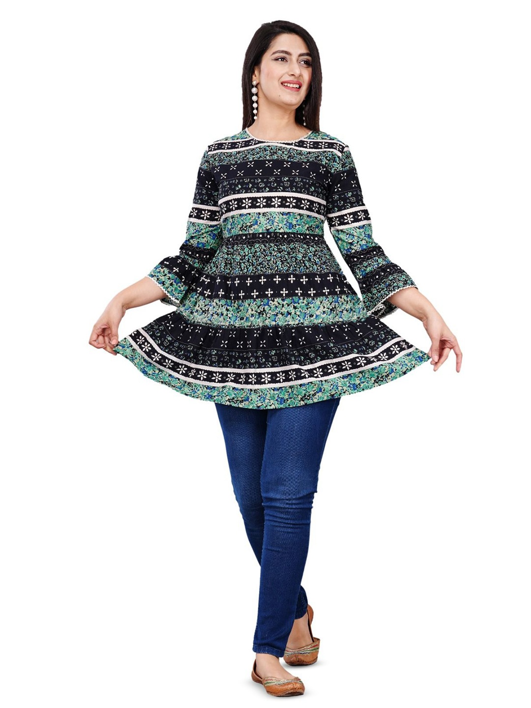 

Cloth Bites Floral Printed Cotton A-Line Top, Green