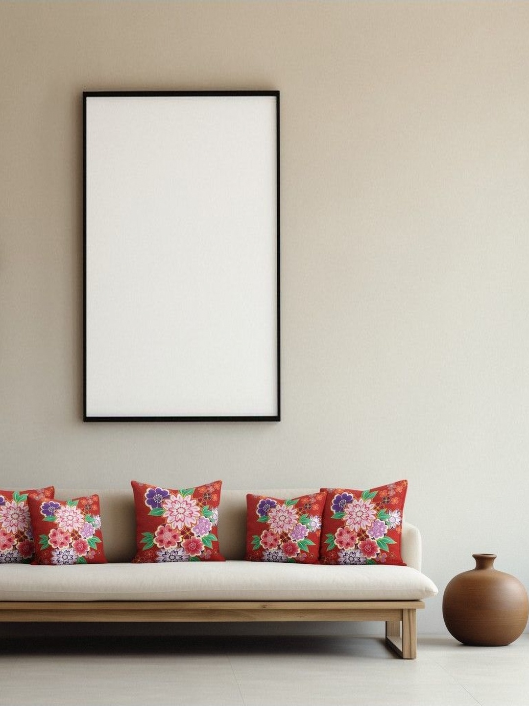 

THEYAYACAFE Red & White 5 Pieces Floral Printed Velvet Square Cushion Covers