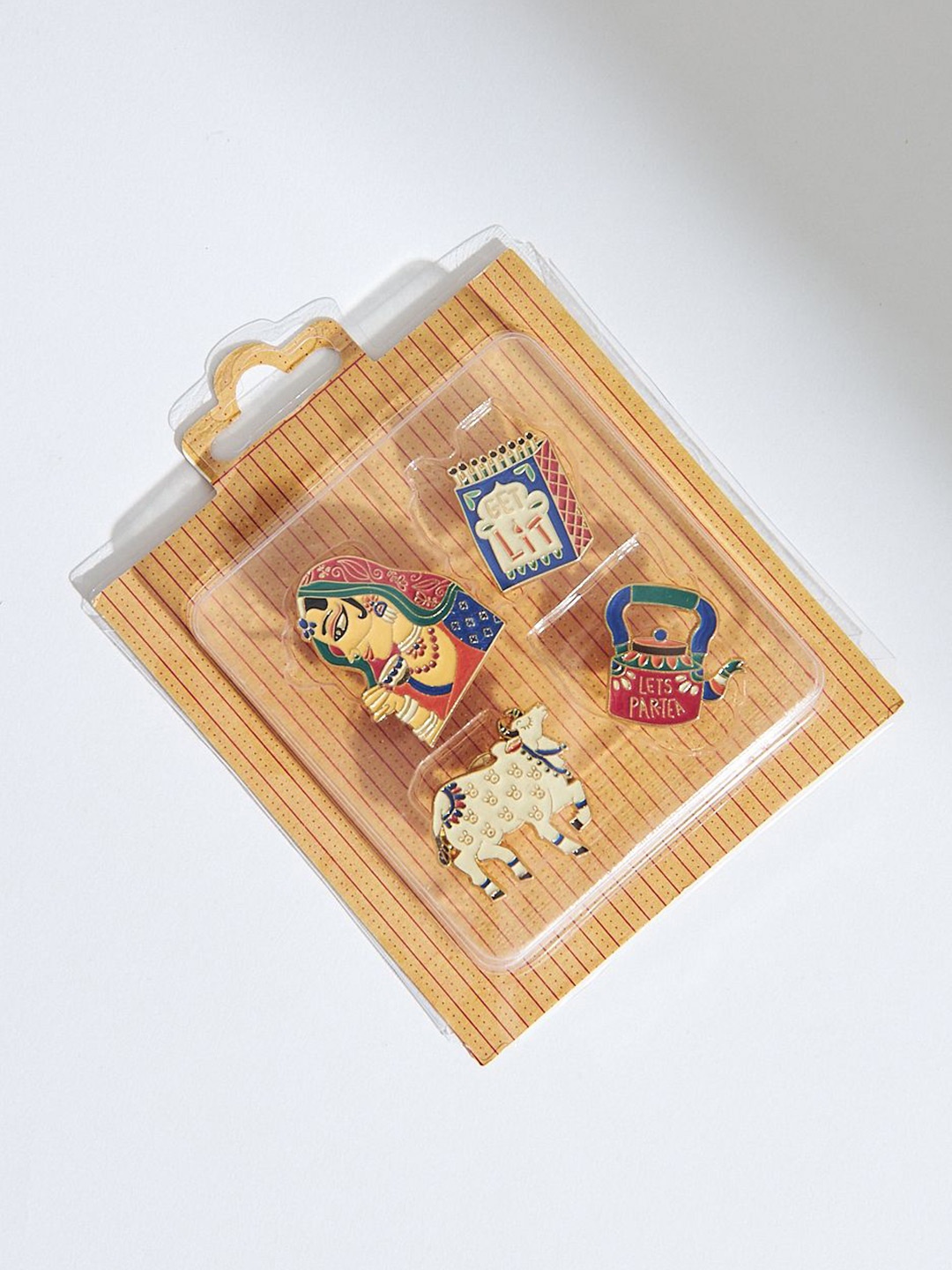 

Chumbak Red & Yellow 4 Pieces Printed Decorative Enamel Pin Magnets
