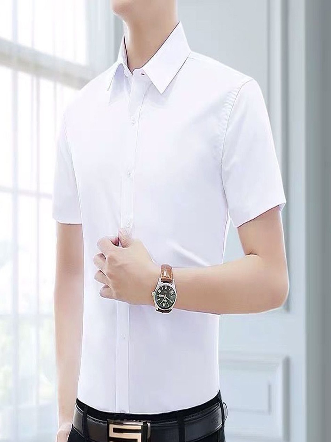 

StyleCast Men Spread Collar Solid Linen Casual Shirt, White