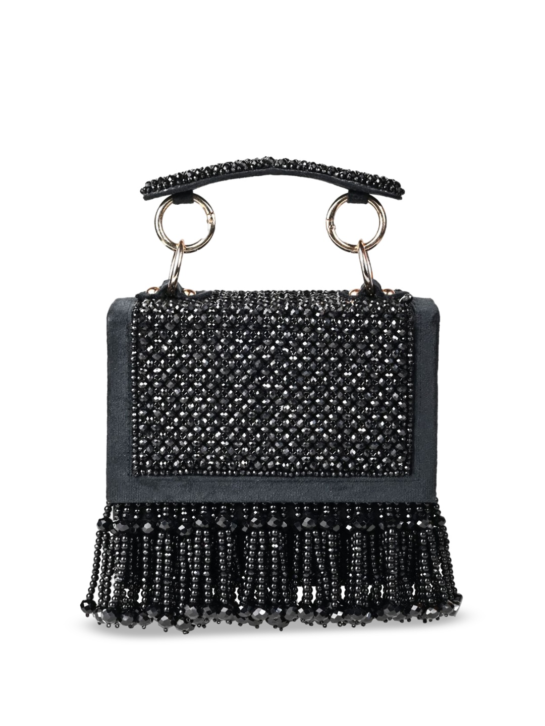 

House of Kosha Women Black Embellished Suede Swagger Satchel