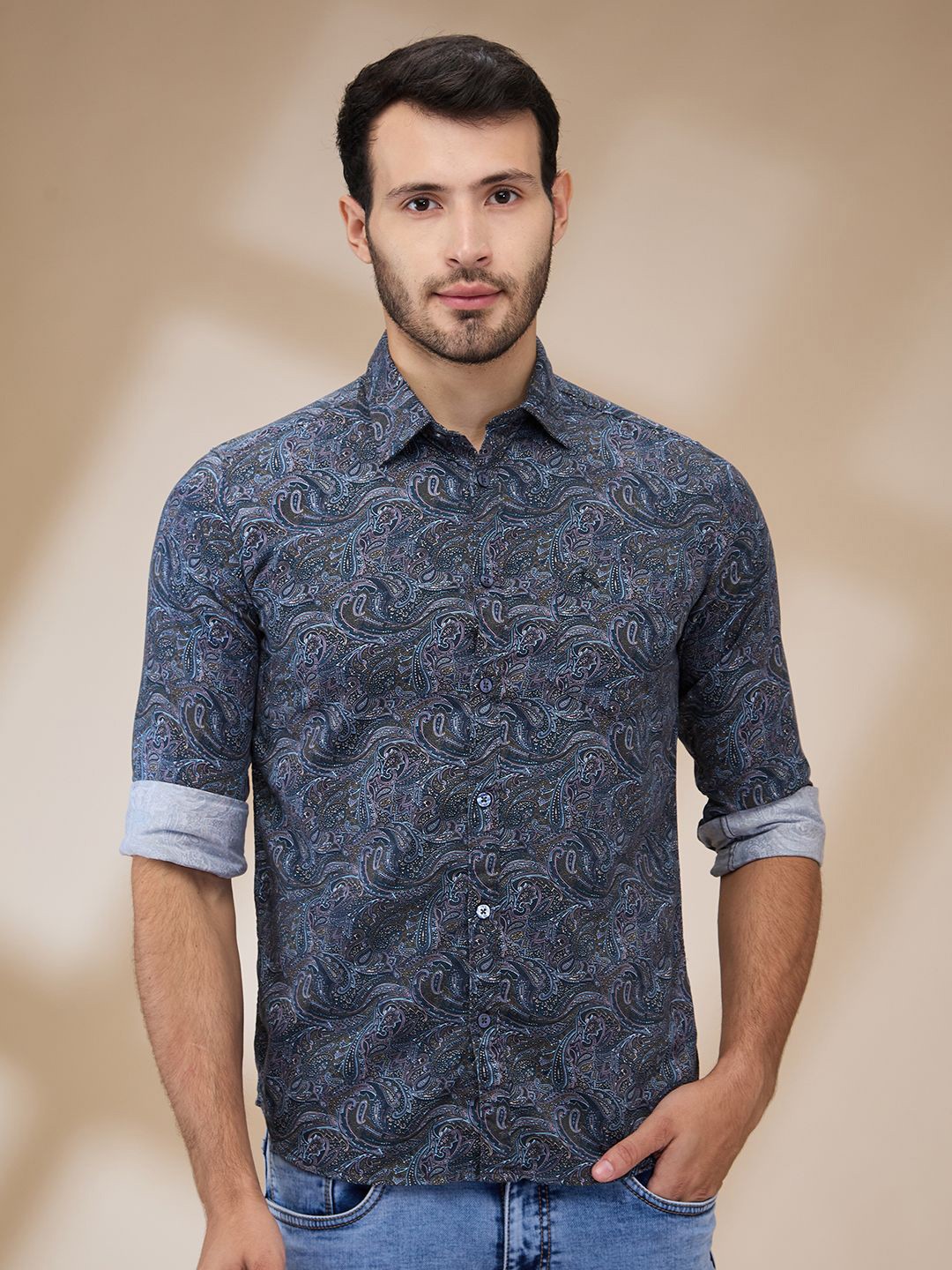 

Parx Men Spread Collar Floral Printed Cotton Slim Fit Casual Shirt, Blue