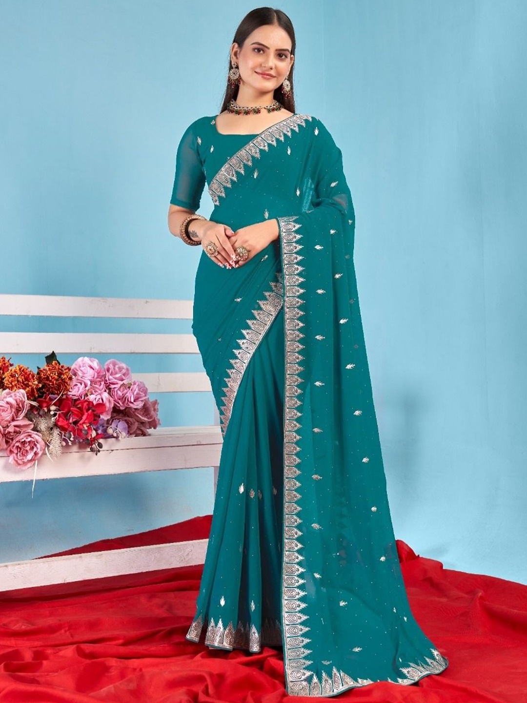 

Kalista Embellished Beads and Stones Pure Georgette Saree, Teal