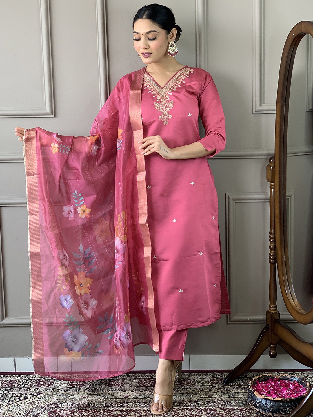 

KALINI Floral Embroidered Thread Work Chanderi Silk Straight Kurta with Trousers & Dupatta, Peach