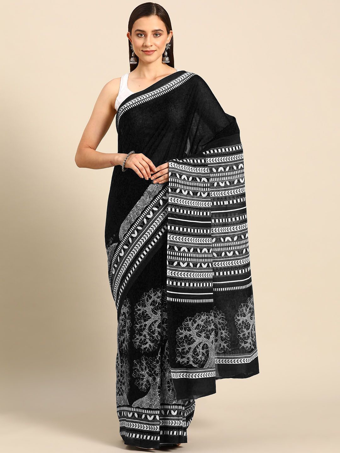 

BUTA BUTI Ethnic Motifs Printed Pure Cotton Saree, Black