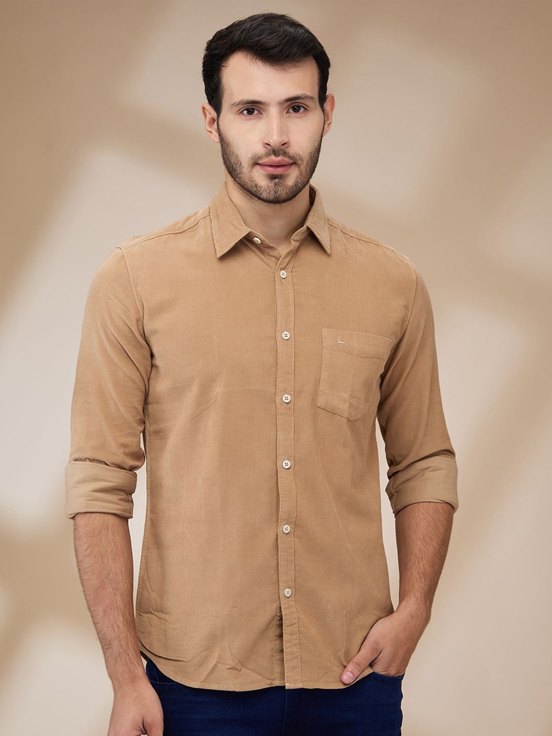 

Parx Men Spread Collar Solid Cotton Slim Fit Casual Shirt, Brown