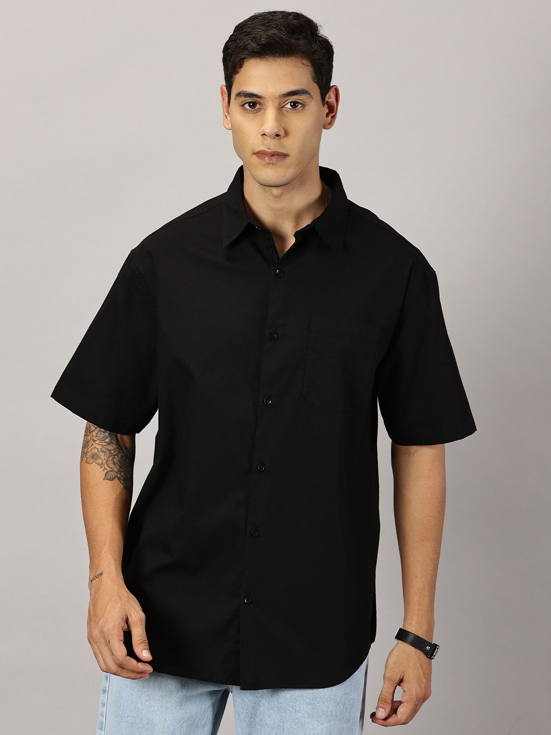

THIRD QUADRANT Men Relaxed Spread Collar Solid Cotton Oversized Casual Shirt, Black
