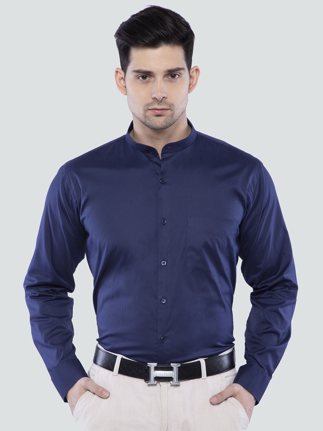 

ASCIIBLUES Men Mandarin Collar Solid Cotton Casual Shirt, Navy blue